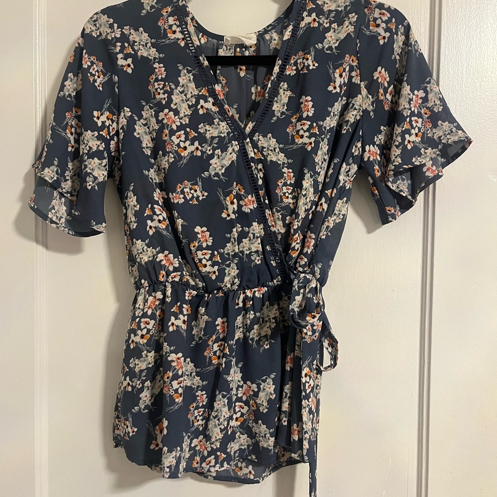 Floral Wrap Top - Navy and White
